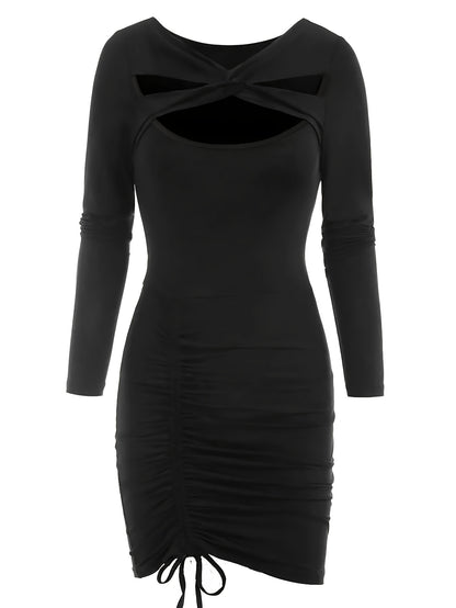 hoombox Cut Out Drawstring Dress, Party Wear Long Sleeve Bodycon Solid Dress, Women's Clothing
