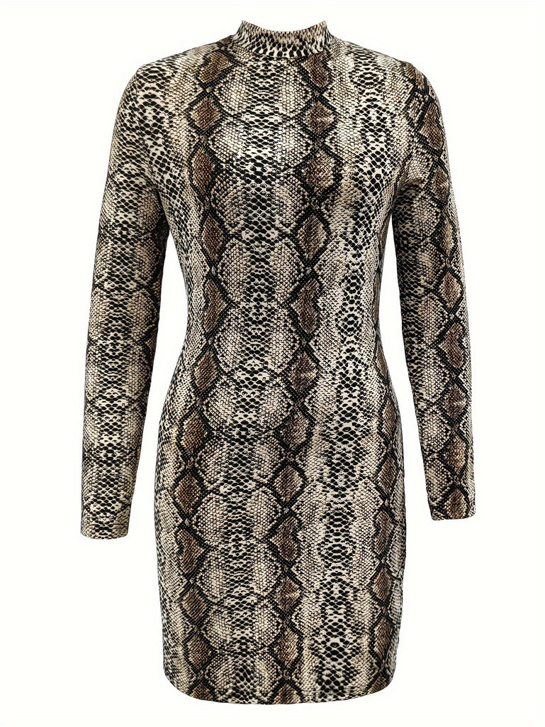 hoombox Snake Skin Print Mock Neck Dress, Versatile Long Sleeve Bodycon Dress For Spring & Fall, Women's Clothing