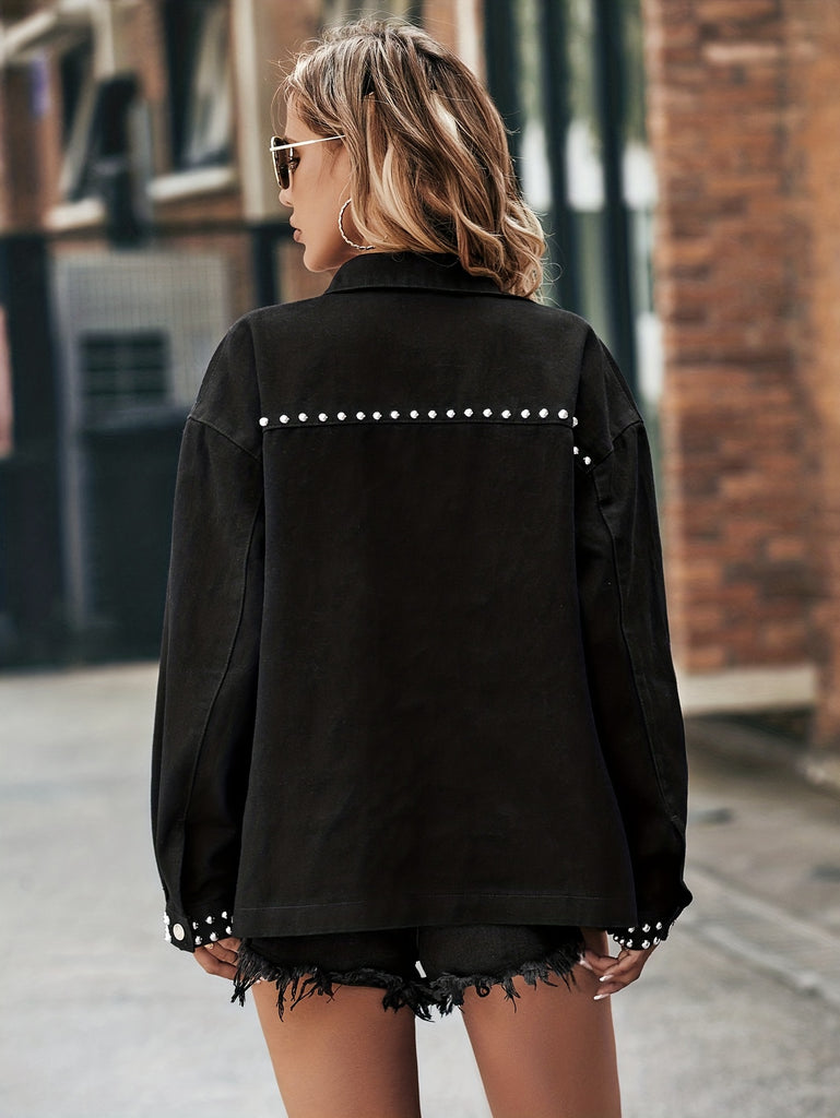 hoombox  Black Studded Decor Denim Jackets, Long Sleeves Flap Pockets Lapel Denim Coats, Women's Denim Clothing