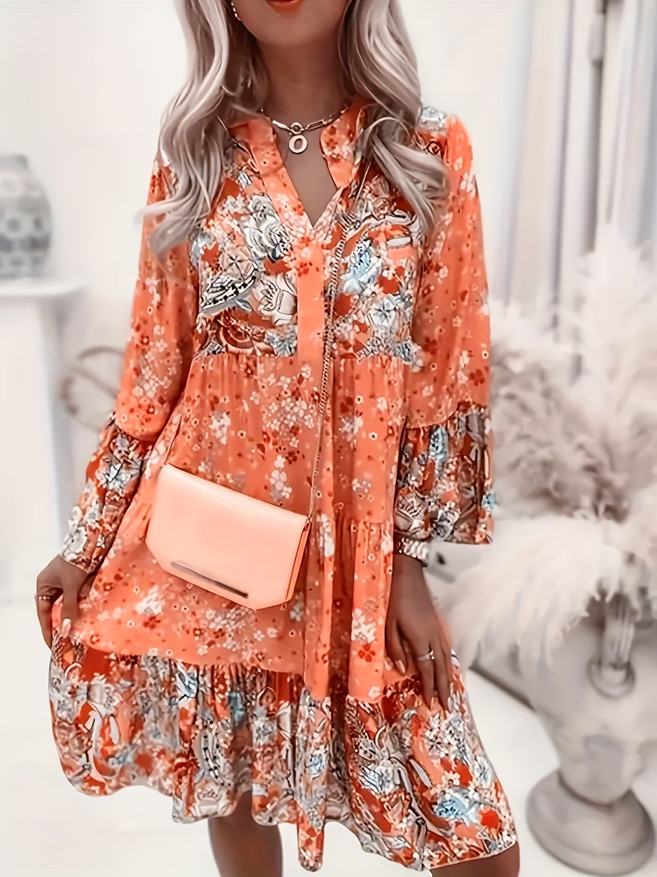 hoombox  Ditsy Floral Print Dress, Casual Long Sleeve V Neck Ruched Dress, Women's Clothing