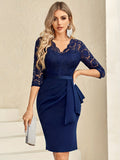 Contrast Lace Solid Party Dress, Elegant V Neck 3/4 Sleeve Bodycon Wedding Guest Dress, Women's Clothing