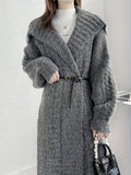 hoombox Solid Open Front Knit Cardigan, Casual Collared Long Length Thick Sweater Outerwear For Fall & Winter, Women's Clothing