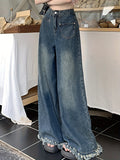 Frayed Hem Washed Baggy Jeans, High Waist Loose Fit Retro Style Wide Legs Jeans, Women's Denim Jeans & Clothing