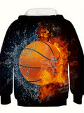 Fire Basketball 3D Print Men's Chic Long Sleeve Hooded Sweatshirt, Men's Sports Hoodie, Spring Fall Outdoor