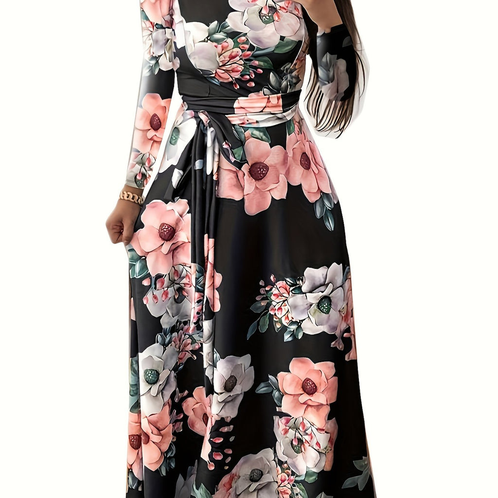 Retro Floral Print Dress, Random Print Long Sleeve Crew Neck Casual Dress For Spring & Fall, Women's Clothing