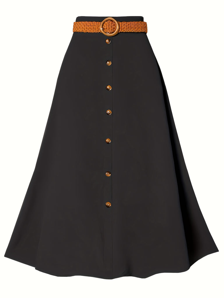 Plus Size Elegant Skirt, Women's Plus Solid Button Detail A-line High Rise Maxi Skirt