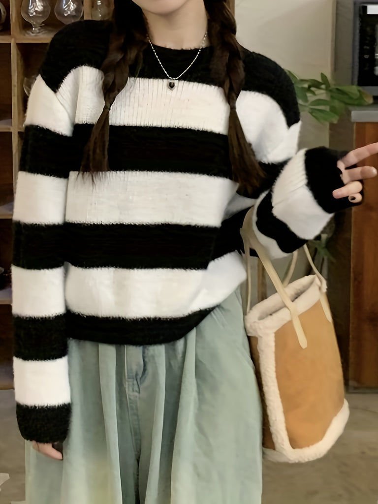 hoombox  Striped Knit Crew Neck Sweater, Casual Long Sleeve Drop Shoulder Sweater, Women's Clothing