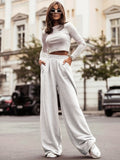 Solid High Waist Wide Leg Pants, Casual Floor Length Comfy Pants With Pocket, Women's Clothing