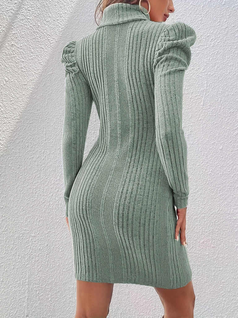 Turtleneck Solid Sweater Dress, Casual Long Sleeve Bodycon Mini Dress, Women's Clothing
