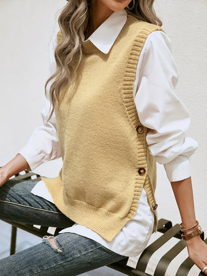Side Button Solid Knit Vest, Casual Crew Neck Sleeveless Vest, Women's Clothing