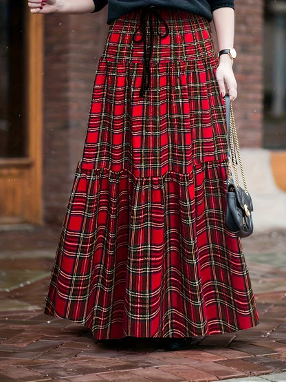 Plus Size Casual Skirt, Women's Plus Plaid Print Elastic Drawstring High Rise Smock Maxi Skirt