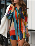 Plus Size Casual Blouse, Women's Plus Colorblock Button Up Long Sleeve Turn Down Collar Blouse