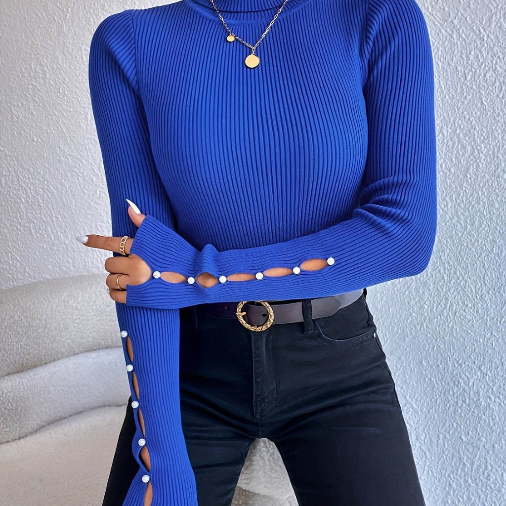 hoombox Beaded Cut Out Turtle Neck Pullover Sweater, Elegant Long Sleeve Slim Rib Knit Sweater, Women's Clothing