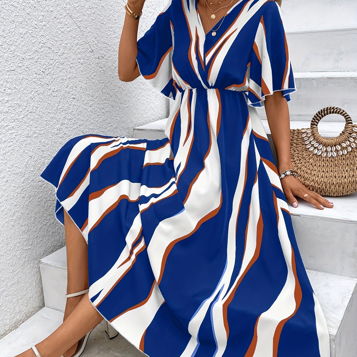 hoombox Wavy Stripe Print Dress, Casual V Neck Half Sleeve High Waist Dress, Women's Clothing