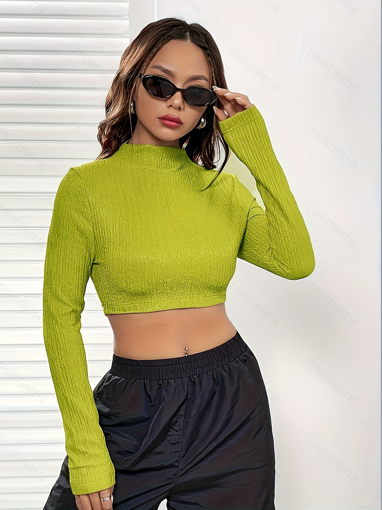 hoombox Solid Textured Mock Neck Crop T-Shirt, Casual Long Sleeve Top For Spring & Fall, Women's Clothing