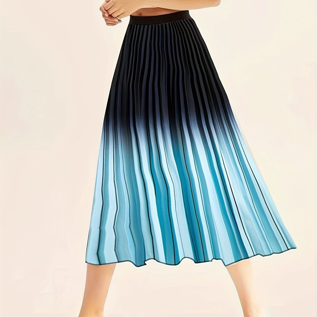 Plus Size Casual Skirt, Women's Plus Ombre Elastic Waist High Rise Pleated Maxi Skirt