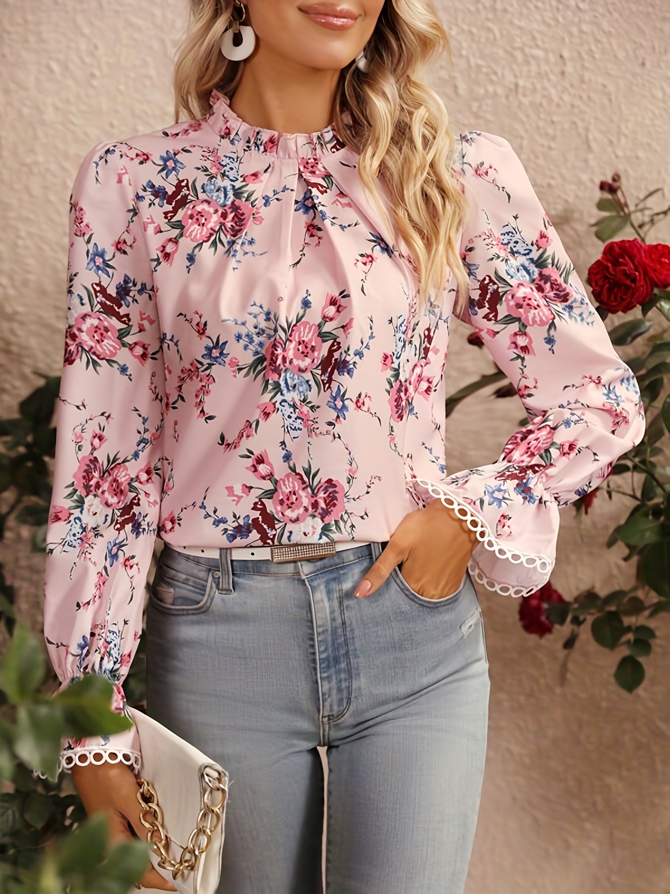 Floral Print Crochet Trim Blouse, Casual Long Sleeve Blouse For Spring & Fall, Women's Clothing