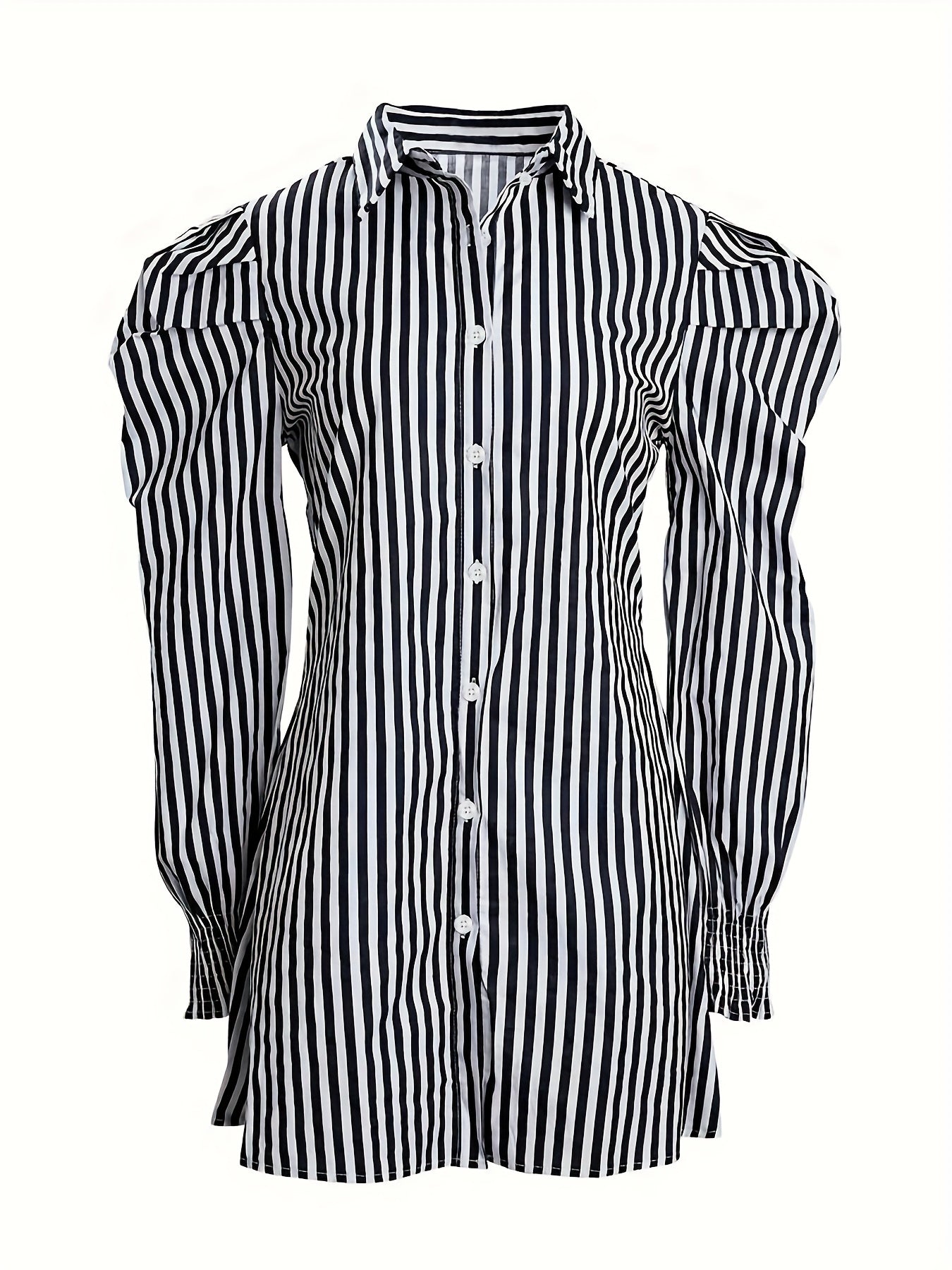 hoombox Striped Print Mini Dress, Casual Button Front Puff Long Sleeve Dress, Women's Clothing