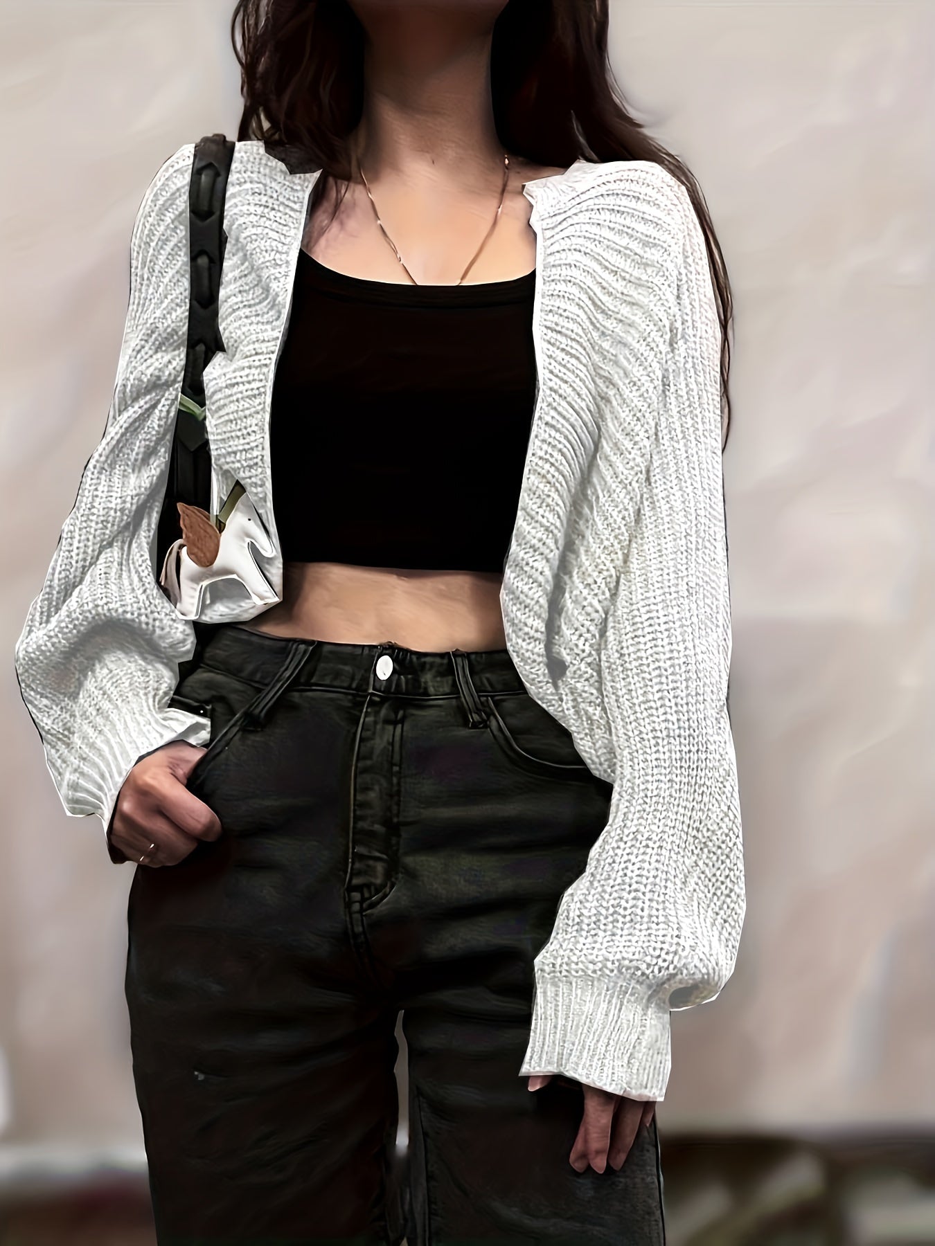 Solid Open Front Crop Cardigan, Casual Loose Long Sleeve Cardigan For Spring & Fall, Women's Clothing