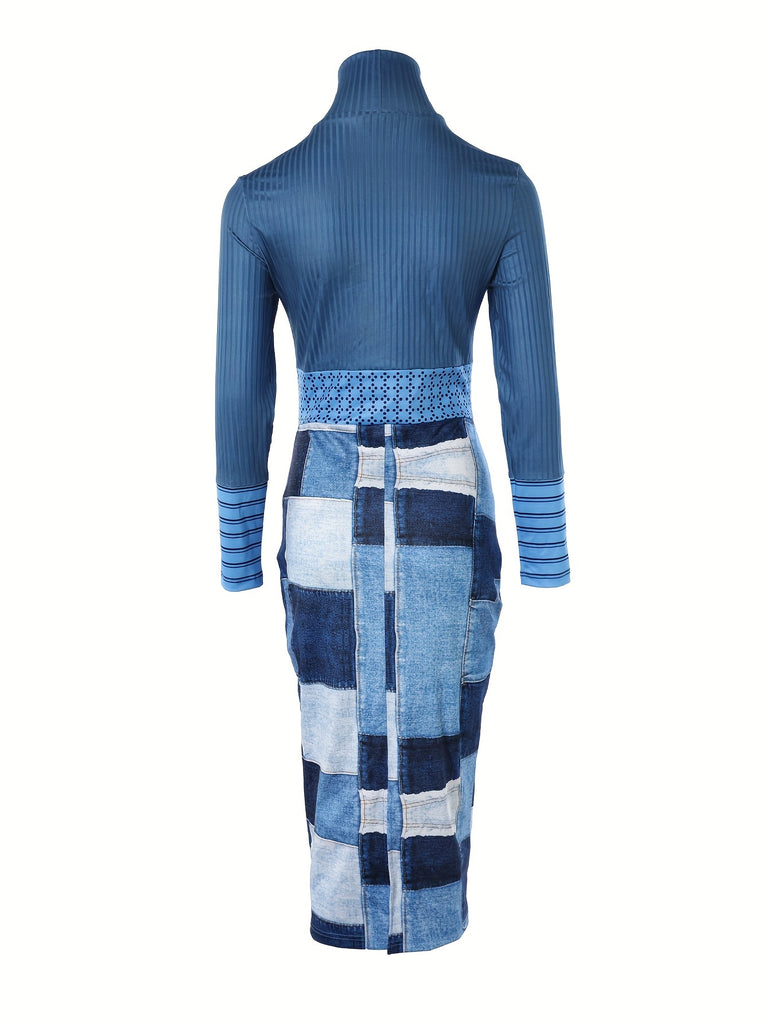 hoombox Patchwork Print Turtle Neck Bodycon Dress, Elegant Long Sleeve Split Back Midi Dress, Women's Clothing