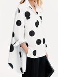 Polka Dot Print Dipped Hem Blouse, Casual Button Front Long Sleeve Blouse, Women's Clothing