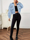 hoombox  Blue Flap Pockets Denim Coats, Long Sleeves Single-Breasted Button Lapel Denim Jackets, Women's Denim Clothing