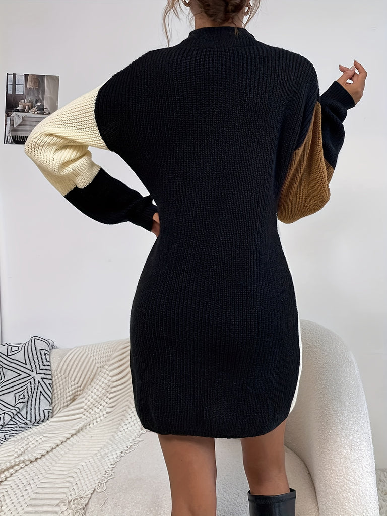 Color Block Mock Neck Dress, Casual Long Sleeve Sweater Dress, Women's Clothing