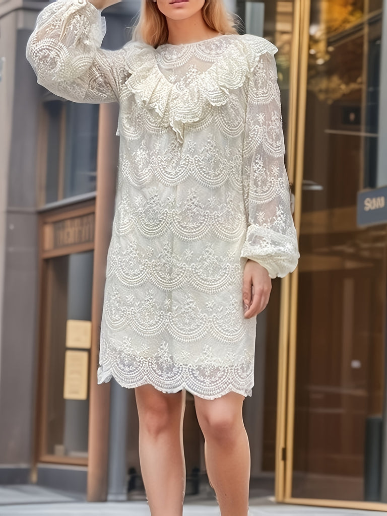 Contrast Lace Ruffle Trim Dress, Elegant Solid Long Sleeve Dress, Women's Clothing