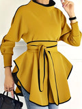 hoombox Contrast Trim Belted Asymmetrical Tunics, Elegant Mock Neck Long Sleeve Top For Spring & Fall, Women's Clothing