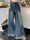 Frayed Hem Washed Baggy Jeans, High Waist Loose Fit Retro Style Wide Legs Jeans, Women's Denim Jeans & Clothing
