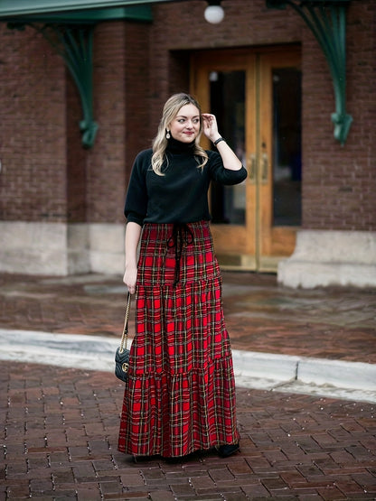 Plus Size Casual Skirt, Women's Plus Plaid Print Elastic Drawstring High Rise Smock Maxi Skirt