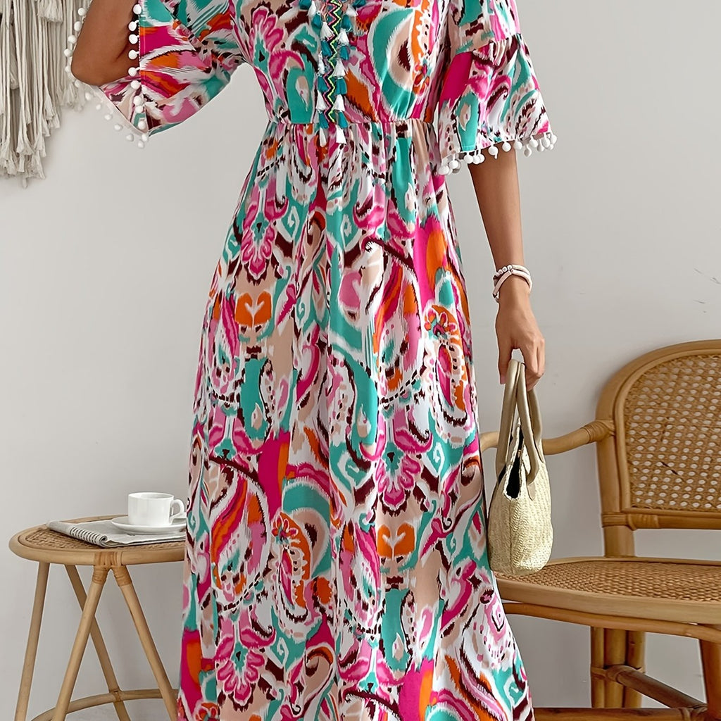 Ikat Print Tassel Dress, Vacation V Neck High Waist Maxi Dress, Women's Clothing