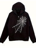 hoombox  Spider Web Rhinestone Zip Up Hoodie, Y2K Long Sleeve Oversized Sweatshirt With Pocket, Women's Clothing