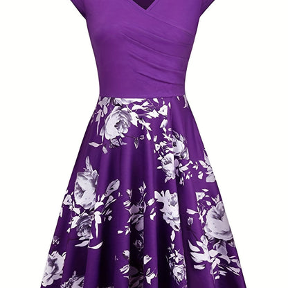 Floral Print V Neck Dress, Elegant Short Sleeve Dress For Spring & Summer, Women's Clothing