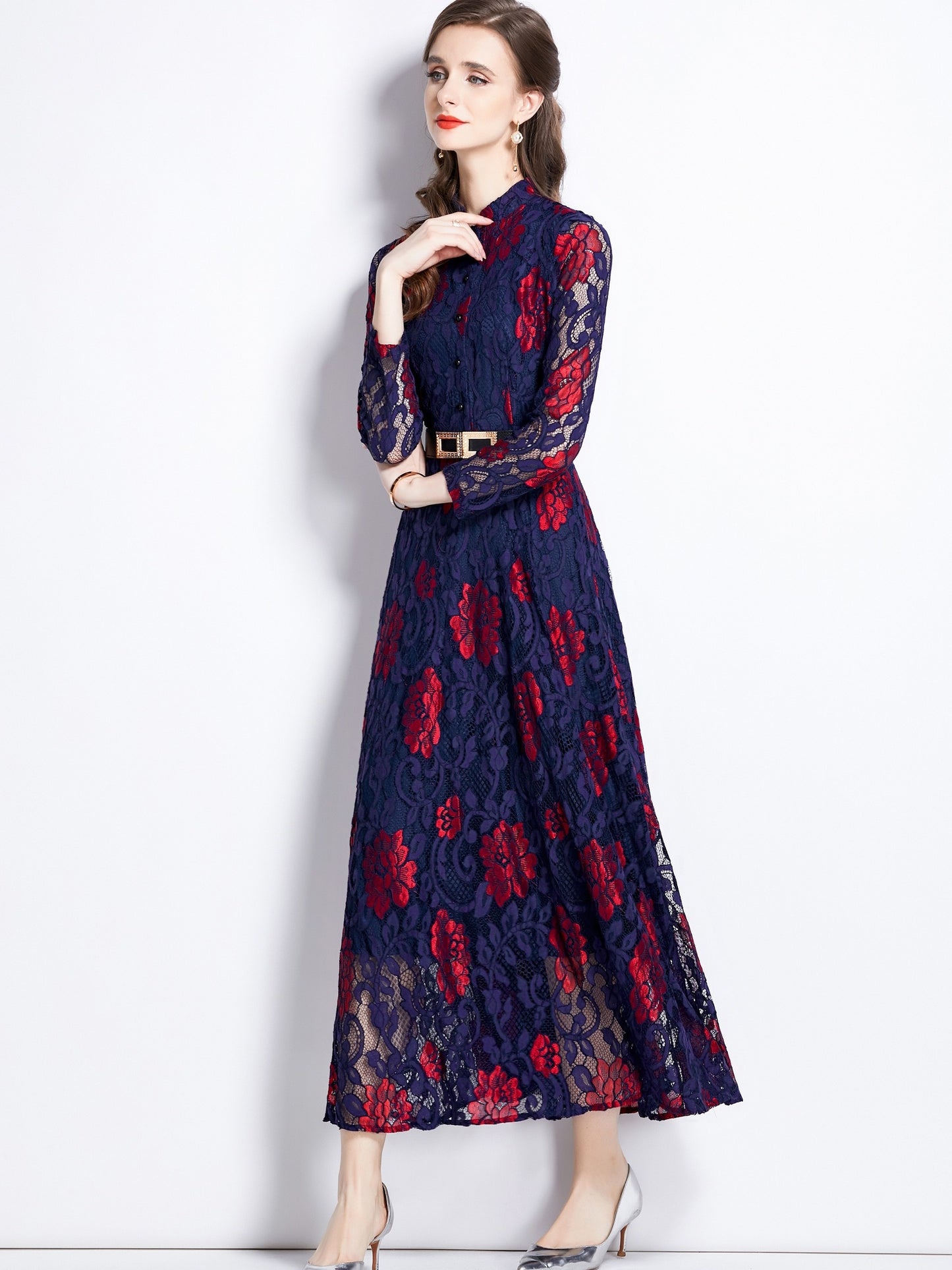 Floral Print Contrast Lace Dress, Elegant Button Front Party Maxi Dress, Women's Clothing