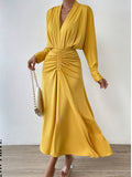 Ruched Solid Maxi Dress, Elegant V Neck Long Sleeve Dress, Women's Clothing