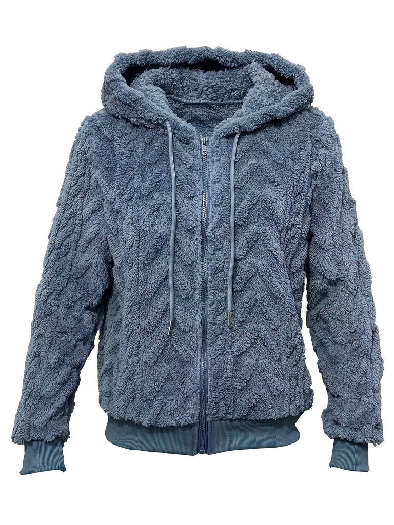 hoombox Solid Zip Up Drawstring Hoodie, Casual Long Sleeve Fleece Warm Hooded Coat, Women's Clothing