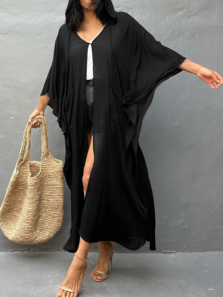 hoombox Black V Neck Cover Up Robes, Non-Stretch Loose Fit Semi-Sheer Beachwear Kimono, Women's Swimwear & Clothing