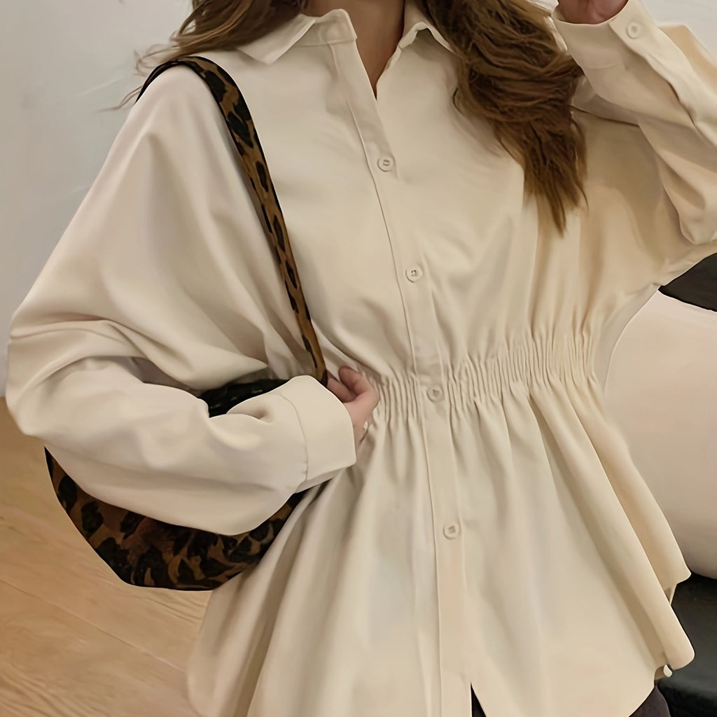 hoombox  Solid Cinched Waist Simple Blouse, Sweet Long Sleeve Blouse For Spring & Fall, Women's Clothing