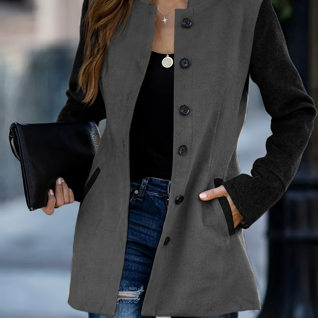Color Block Button Front Jacket, Casual Simple Long Sleeve Outerwear, Women's Clothing