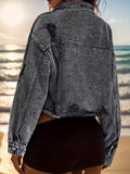 hoombox Ripped Holes Lapel Denim Jackets, Long Sleeves Distressed Versatile Denim Coats, Women's Denim Clothing