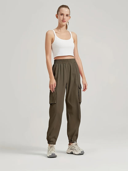 Solid Color Casual Joggers Sweatpant, Cargo Loose High Waisted Pants With Pockets, Women's Athleisure