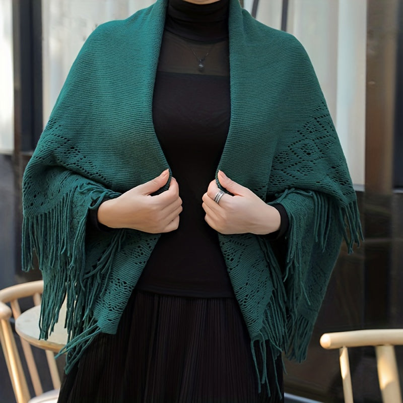 hoombox Solid Color Knitted Hollow Out Shawl Simple Versatile Tassel Shawl Autumn Winter Outside Coldproof Stretchy Long Cloak Shawl