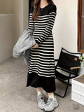 hoombox  Stripe Print Long Sleeve Knit Dress, Casual Crew Neck Mid Calf Dress, Women's Clothing