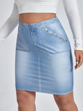 Plus Size Denim Print High Waist Bodycon Skirt, Women's Plus High Stretch Solid Skirt