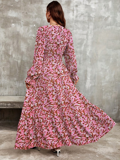 hoombox Floral Print Shirred Waist Dress, Casual V Neck Long Sleeve Maxi Dress, Women's Clothing