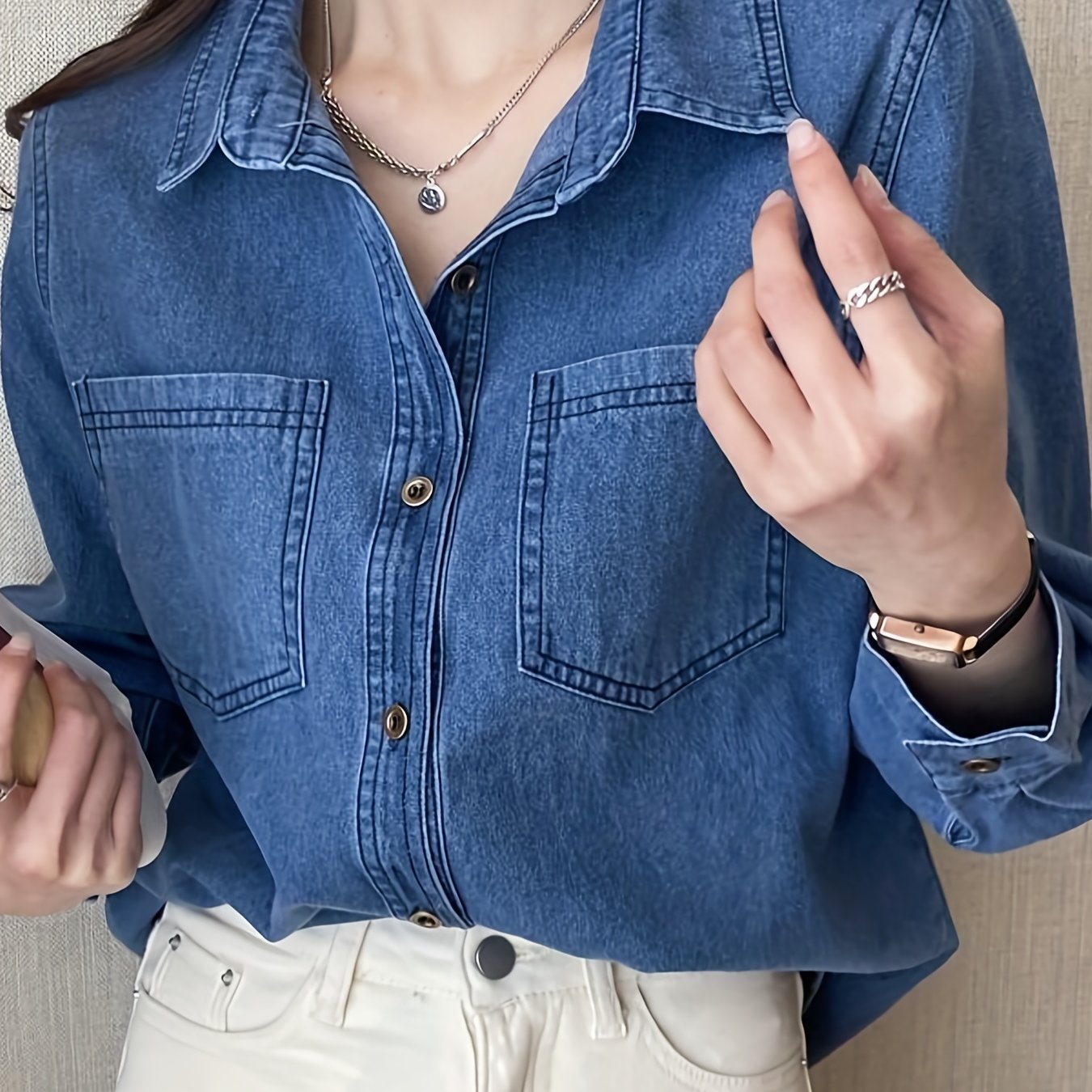 Blue Loose Fit Lapel Denim Shirt, Long Sleeves Patch Pockets Casual Denim Shirt, Women's Denim Clothing
