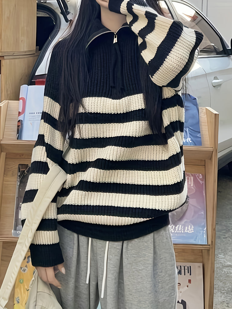 hoombox Striped Zip Turtle Neck Pullover Sweater, Vintage Long Sleeve Raglan Shoulder Loose Sweater, Women's Clothing
