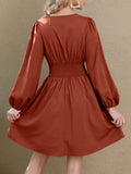 hoombox  Ruched Lantern Long Sleeve Dress, Elegant Solid V Neck Midi Dress, Women's Clothing