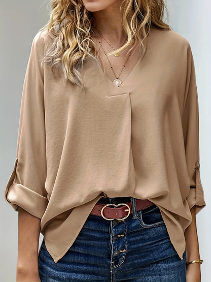 Solid Roll Tab Sleeve Blouse, Casual V Neck Blouse For Spring & Fall, Women's Clothing